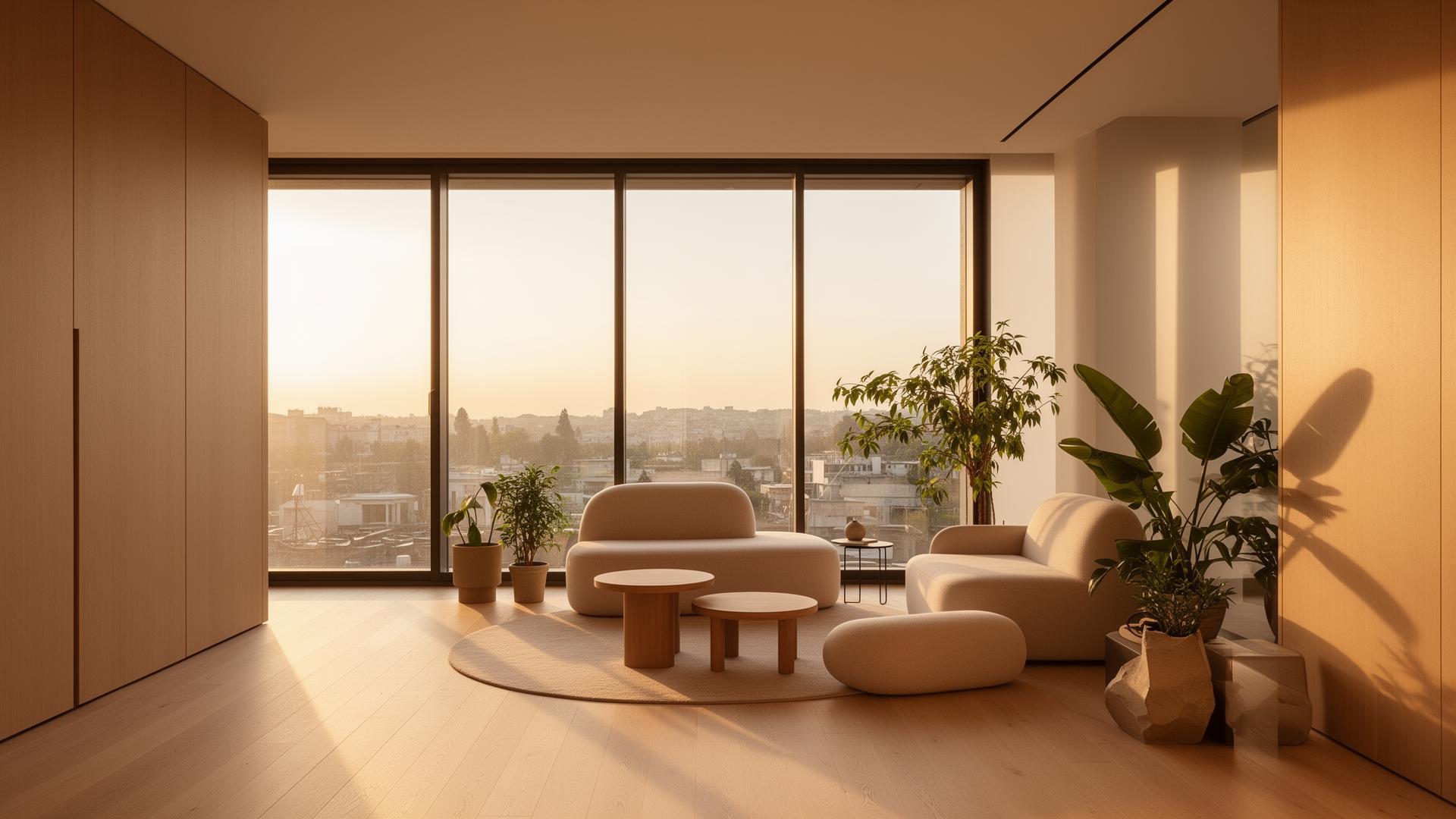 Sunlit modern apartment interior at golden hour
